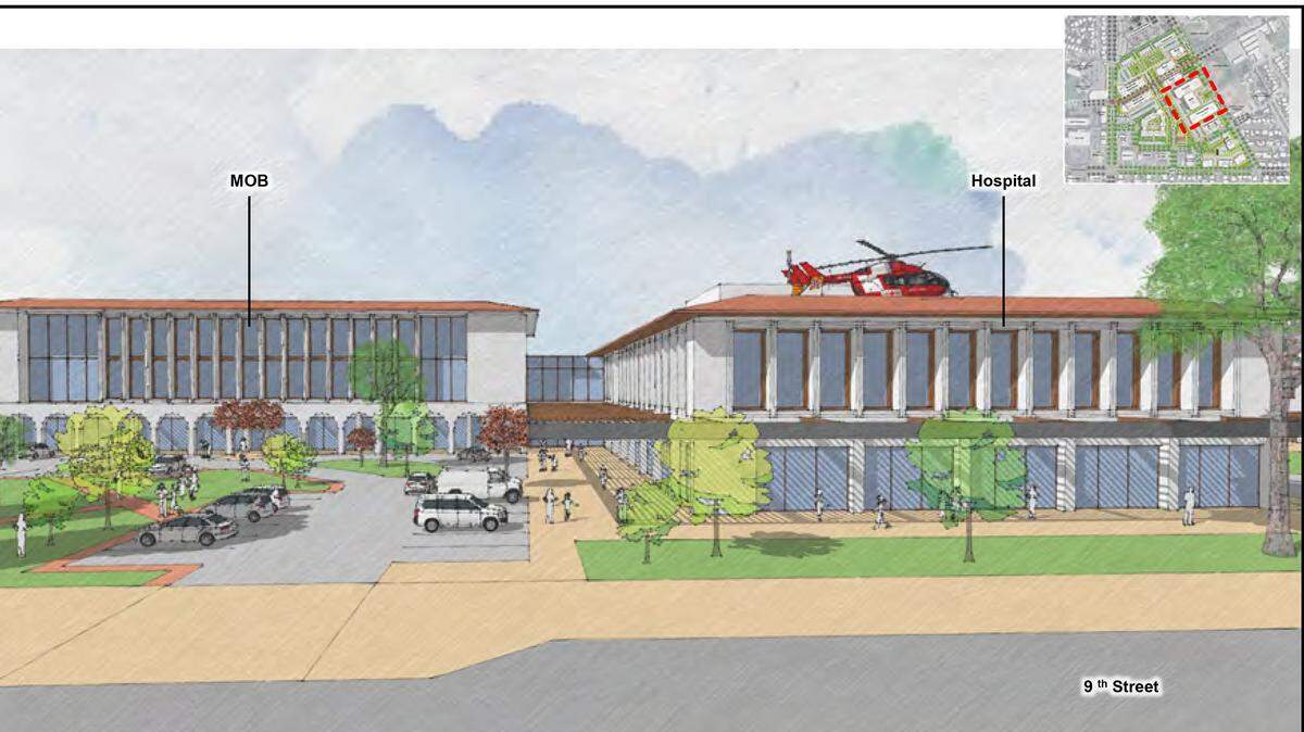 A proposed hospital is on the right in this architect rendering of plans by the Del Puerto Health Care District in Patterson. A medical office building is on the left. The district board voted Dec. 8, 2025, to submit the plans for city approval. A proposed hospital is on the right in this architect rendering of plans by the Del Puerto Health Care District in Patterson. A medical office building is on the left. The district board voted Dec. 8, 2025, to submit the plans for city approval.